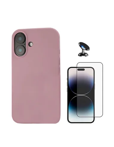 Kit Vidro Premium Full Cover + Capa Silicone Líquido + Suporte Magnético Para Apple iPhone 16 - Rosa