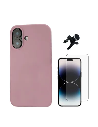 Kit Vidro Premium Full Cover + Capa Silicone Líquido + Suporte Magnético Reforçado  Para Apple iPhone 16 - Rosa