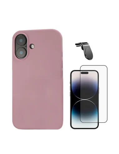 Kit Vidro Premium Full Cover + Capa Silicone Líquido + Suporte Magnético L  Para Apple iPhone 16 - Rosa