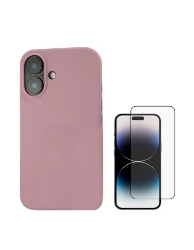 Kit Vidro Premium Full Cover + Capa Silicone Líquido  Para Apple iPhone 16 Plus - Rosa