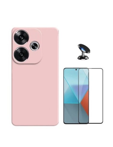 Kit Película de Vidro Temperado 5d + Capa Silicone Líquido + Suporte de Carro Compativel Com Xiaomi Poco F6 - Rosa