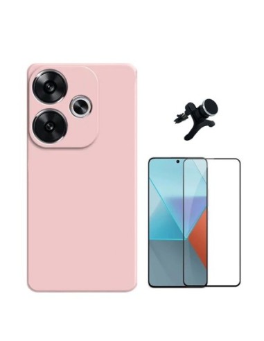 Kit Película de Vidro 5d + Capa Silicone Líquido + Suporte Reforçado Compativel Com Xiaomi Poco F6 - Rosa