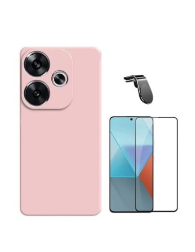 Kit Película de Vidro Temperado 5d + Capa Silicone Líquido + Suporte L Compativel Com Xiaomi Poco F6 - Rosa