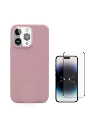 Kit Vidro Premium Full Cover + Capa Silicone Líquido  Para Apple iPhone 16 Pro - Rosa