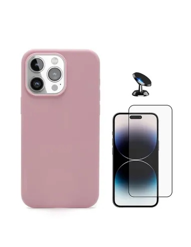 Kit Vidro Premium Full Cover + Capa Silicone Líquido + Suporte Magnético Para Apple iPhone 16 Pro - Rosa