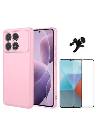 Kit Película de Vidro Temperado 5d + Capa Silicone Líquido + Suporte Reforçado Compativel Com Xiaomi Poco F6 Pro - Rosa