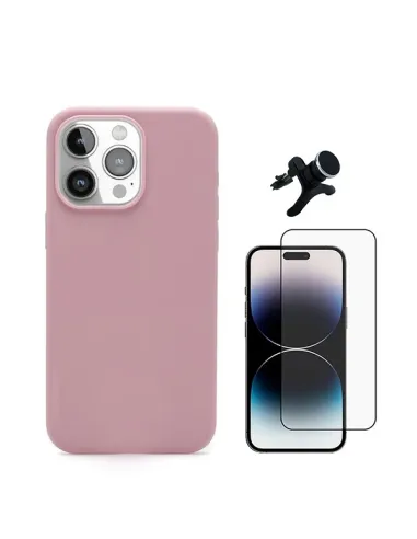 Kit Vidro Premium Full Cover + Capa Silicone Líquido + Suporte Magnético Reforçado  Para Apple iPhone 16 Pro - Rosa