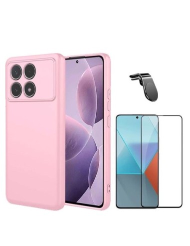 Kit Película de Vidro Temperado 5d + Capa Silicone Líquido + Suporte L Compativel Com Xiaomi Poco F6 Pro - Rosa