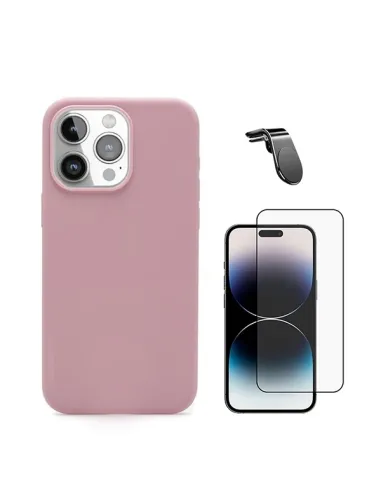 Kit Vidro Premium Full Cover + Capa Silicone Líquido + Suporte Magnético L  Para Apple iPhone 16 Pro - Rosa