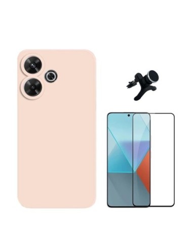 Kit Película de Vidro Temperado 5d + Capa Silicone Líquido + Suporte Reforçado Compativel Com Xiaomi Redmi 13 - Rosa