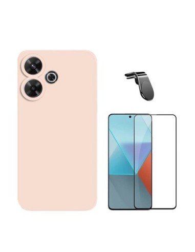 Kit Película de Vidro Temperado 5d  + Capa Silicone Líquido + Suporte L Compativel Com Xiaomi Redmi 13 - Rosa