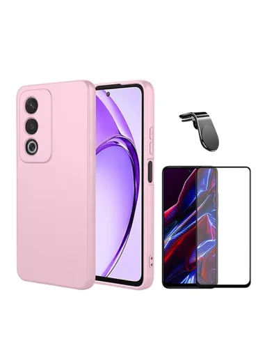 Kit Vidro Premium Full Cover + Capa Silicone Líquido + Suporte Magnético L  Para Oppo A80 5G - Rosa