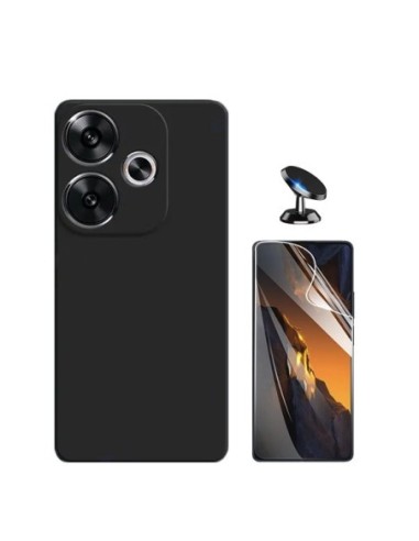 Kit Película Hydrogel Frente + Capa Silicone Líquido + Suporte de Carro Compativel Com Xiaomi Poco F6 - Preto