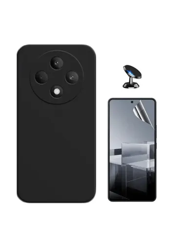 Kit Película Hydrogel Frente + Capa Silicone Líquido + Suporte Magnético Para Oppo Reno12 FS 5G - Preto