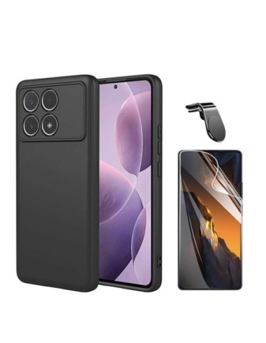 Kit Película Hydrogel Full Cover Frente + Capa Silicone Líquido + Suporte L Compativel Com Xiaomi Poco F6 Pro - Preto