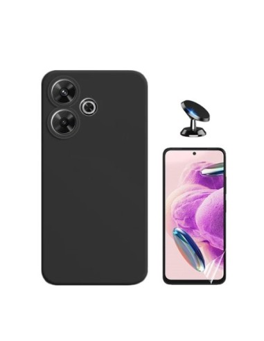 Kit Película Hydrogel Frente + Capa Silicone Líquido + Suporte de Carro Compativel Com Xiaomi Redmi 13 - Preto