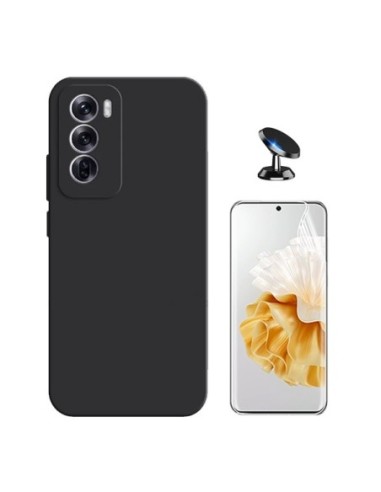 Kit Película Hydrogel Frente + Capa Silicone Líquido + Suporte de Carro Compativel Com Oppo Reno12 - Preto