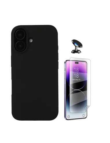 Kit Película Hydrogel Frente + Capa Silicone Líquido + Suporte Magnético Para Apple iPhone 16 - Preto