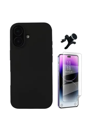 Kit Película Hydrogel Frente + Capa Silicone Líquido +  Suporte Magnético Reforçado  Para Apple iPhone 16 Plus - Preto