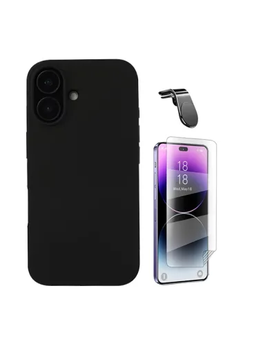 Kit Película Hydrogel Frente + Capa Silicone Líquido + Suporte Magnético L  Para Apple iPhone 16 Plus - Preto