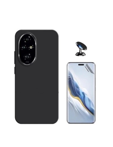 Kit Película Hydrogel Full Cover Frente + Capa Silicone Líquido + Suporte de Carro Compativel Com Honor 200 Pro 5G - Preto