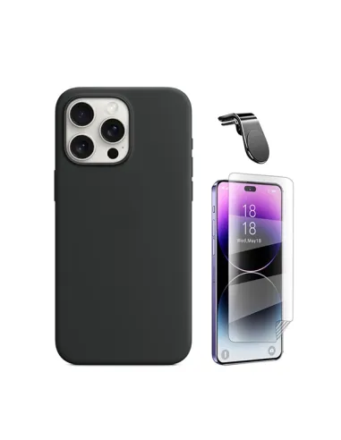 Kit Película Hydrogel Frente + Capa Silicone Líquido + Suporte Magnético L  Para Apple iPhone 16 Pro - Preto