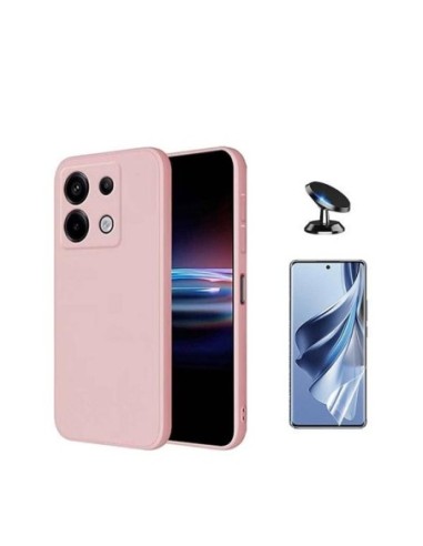 Kit Película Hydrogel Frente + Capa Silicone Líquido + Suporte de Carro Compativel Com Xiaomi Redmi Note 13 Pro 4G - Rosa