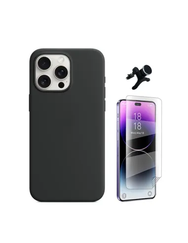 Kit Película Hydrogel Frente + Capa Silicone Líquido +  Suporte Magnético Reforçado  Para Apple iPhone 16 Pro Max - Preto