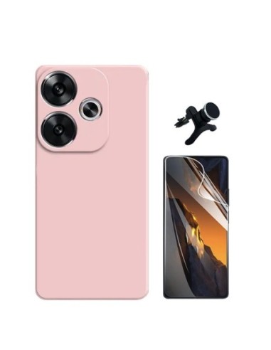 Kit Película Hydrogel Frente + Capa Silicone Líquido + Suporte Reforçado Compativel Com Xiaomi Poco F6 - Rosa