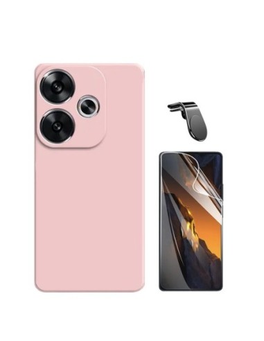 Kit Película Hydrogel Full Cover Frente + Capa Silicone Líquido + Suporte L Compativel Com Xiaomi Poco F6 - Rosa