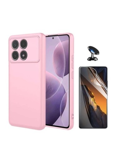 Kit Película Hydrogel Frente + Capa Silicone Líquido + Suporte de Carro Compativel Com Xiaomi Poco F6 Pro - Rosa