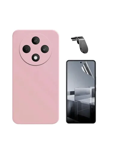 Kit Película Hydrogel Frente + Capa Silicone Líquido + Suporte Magnético L  Para Oppo Reno12 F 4G - Rosa