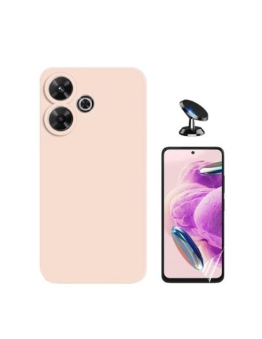 Kit Película Hydrogel Frente + Capa Silicone Líquido + Suporte de Carro Compativel Com Xiaomi Redmi 13 - Rosa