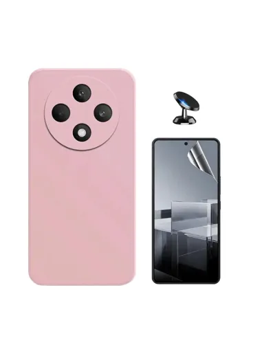 Kit Película Hydrogel Frente + Capa Silicone Líquido + Suporte Magnético Para Oppo Reno12 FS 4G - Rosa