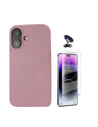 Kit Película Hydrogel Frente + Capa Silicone Líquido + Suporte Magnético Para Apple iPhone 16 - Rosa