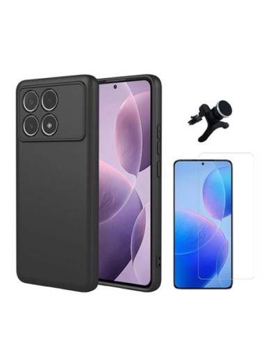 Kit Vidro Temperado Clearglass + Capa Silicone Líquido + Suporte Reforçado Compativel Com Xiaomi Poco F6 Pro - Preto