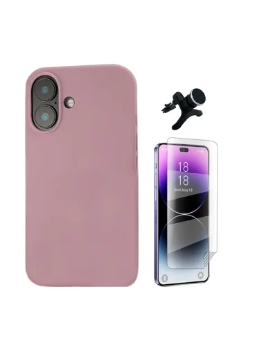 Kit Película Hydrogel Frente + Capa Silicone Líquido +  Suporte Magnético Reforçado  Para Apple iPhone 16 - Rosa