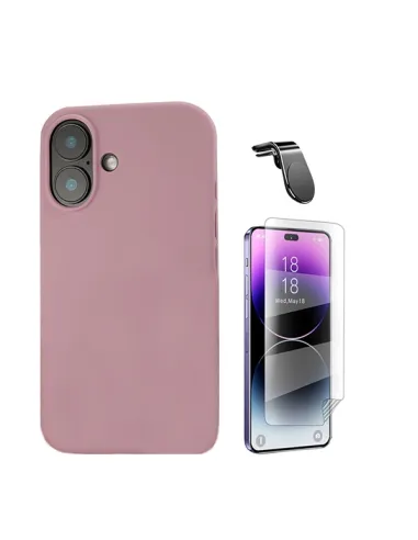 Kit Película Hydrogel Frente + Capa Silicone Líquido + Suporte Magnético L  Para Apple iPhone 16 - Rosa