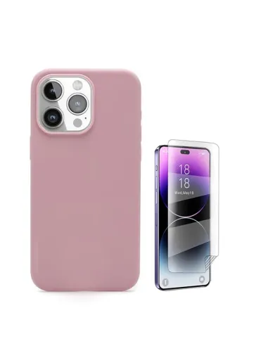 Kit Película Hydrogel Frente + Capa Silicone Líquido  Para Apple iPhone 16 Pro - Rosa