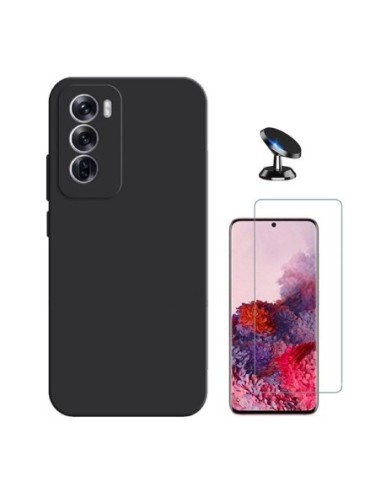 Kit Vidro Temperado Clearglass + Capa Silicone Líquido + Suporte de Carro Compativel Com Oppo Reno12 - Preto