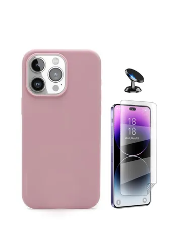 Kit Película Hydrogel Frente + Capa Silicone Líquido + Suporte Magnético Para Apple iPhone 16 Pro - Rosa