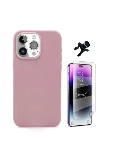 Kit Película Hydrogel Frente + Capa Silicone Líquido +  Suporte Magnético Reforçado  Para Apple iPhone 16 Pro - Rosa