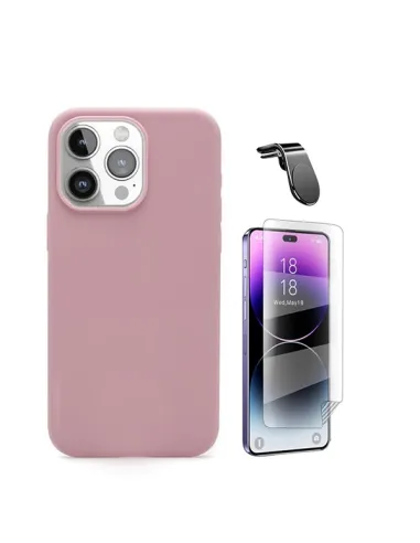 Kit Película Hydrogel Frente + Capa Silicone Líquido + Suporte Magnético L  Para Apple iPhone 16 Pro - Rosa