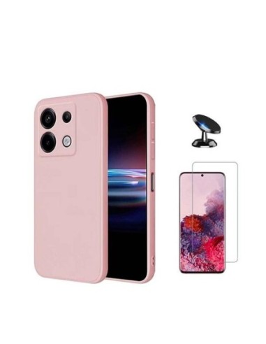 Kit Vidro Temperado Clearglass + Capa Silicone Líquido + Suporte de Carro Compativel Com Xiaomi Redmi Note 13 Pro 4G - Rosa