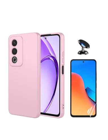 Kit Película Hydrogel Frente + Capa Silicone Líquido + Suporte Magnético Para Oppo A80 5G - Rosa