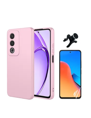 Kit Película Hydrogel Frente + Capa Silicone Líquido +  Suporte Magnético Reforçado  Para Oppo A80 5G - Rosa