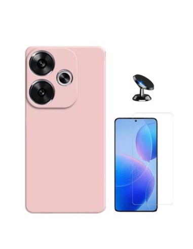 Kit Vidro Temperado Clearglass + Capa Silicone Líquido + Suporte de Carro Compativel Com Xiaomi Poco F6 - Rosa