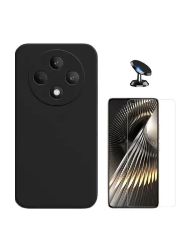 Kit Vidro Temperado Clearglass + Capa Silicone Líquido + Suporte Magnético Para Oppo Reno12 F 4G - Preto