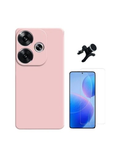 Kit Vidro Temperado Clearglass + Capa Silicone Líquido + Suporte Reforçado Compativel Com Xiaomi Poco F6 - Rosa