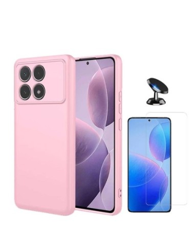 Kit Vidro Temperado Clearglass + Capa Silicone Líquido + Suporte de Carro Compativel Com Xiaomi Poco F6 Pro - Rosa